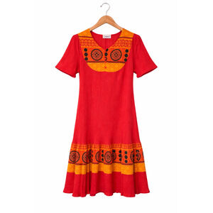 National Dress Womens Size Medium Red Orange Midi Crinkle 100% Cotton Bohemian